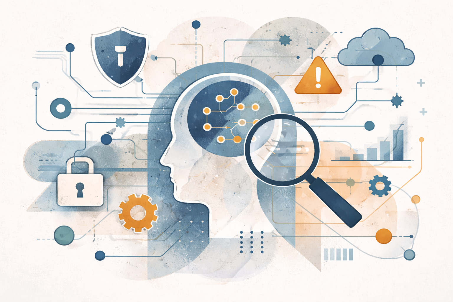Hand drawn abstract illustration of a head silhouette with connected nodes and subtle security symbols, representing hacker intuition and systems thinking in cybersecurity.