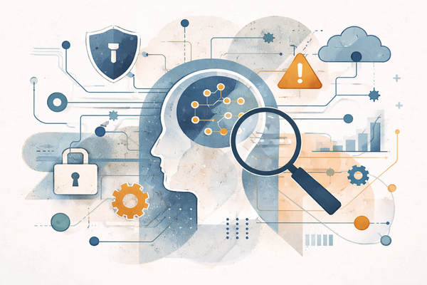Hand drawn abstract illustration of a head silhouette with connected nodes and subtle security symbols, representing hacker intuition and systems thinking in cybersecurity.